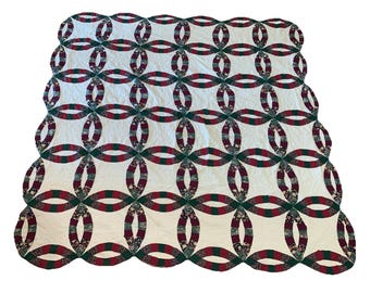 Double Wedding Ring Queen Quilt Evergreen & Burgundy 79”x77”