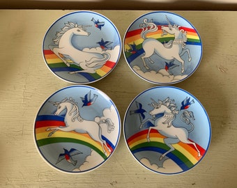 Vintage 1980’s Japan Rainbow Unicorn Birds Set of 4 Hanging Plates GUC