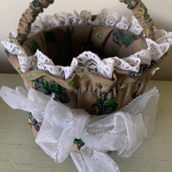 Small Handmade John Deere Lined Basket With Handle White Bow Lace Trim Custom.  5.25” high (not including handle) x 7” diameter