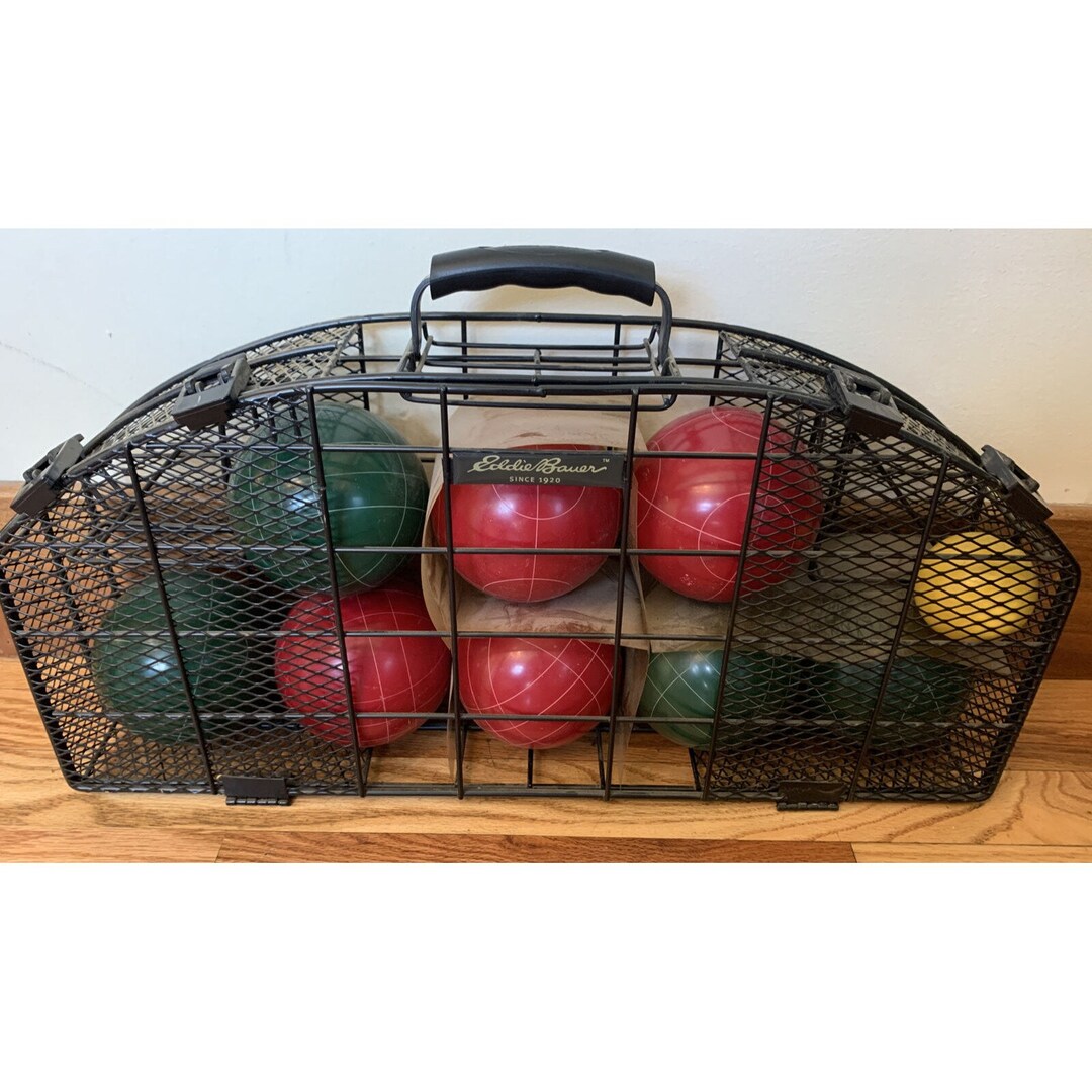 Vintage Eddie Bauer Competition Bocce Ball Set in A Steel Wire Carry