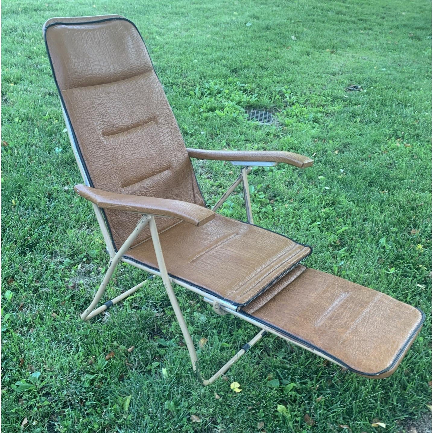 Vintage Aluminum brown faux leather folding lawn chair with extended legs