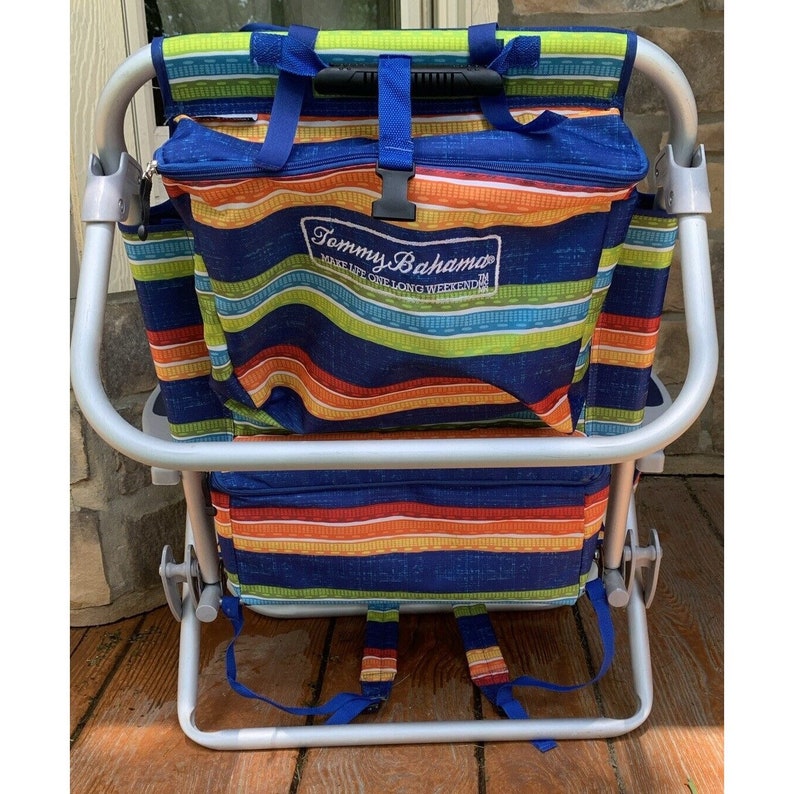 Tommy Bahama Backpack Cooler Beach Chair Blue Horizontal Stripes Low
