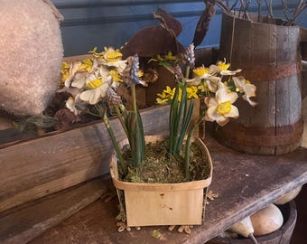 New for 2025!  Primitive spring daffodils  and bluebells vintage basket spring flowers-primitive spring flowers-grubby pot-homestead