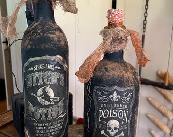 Primitive witch~ primitive Halloween bottles~potion bottles~tavern bottles~tavern keep
