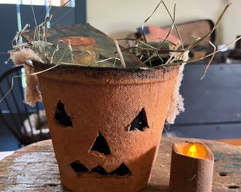 Primitive pumpkin~primitive jack o lantern muted orange ~grubby Halloween pumpkin pot-tea light~