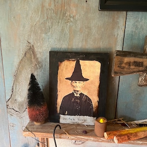 New!! Primitive witch picture on old barn wood! ~one witch~primitive Halloween witch~early look witch photo! Only 2 left!