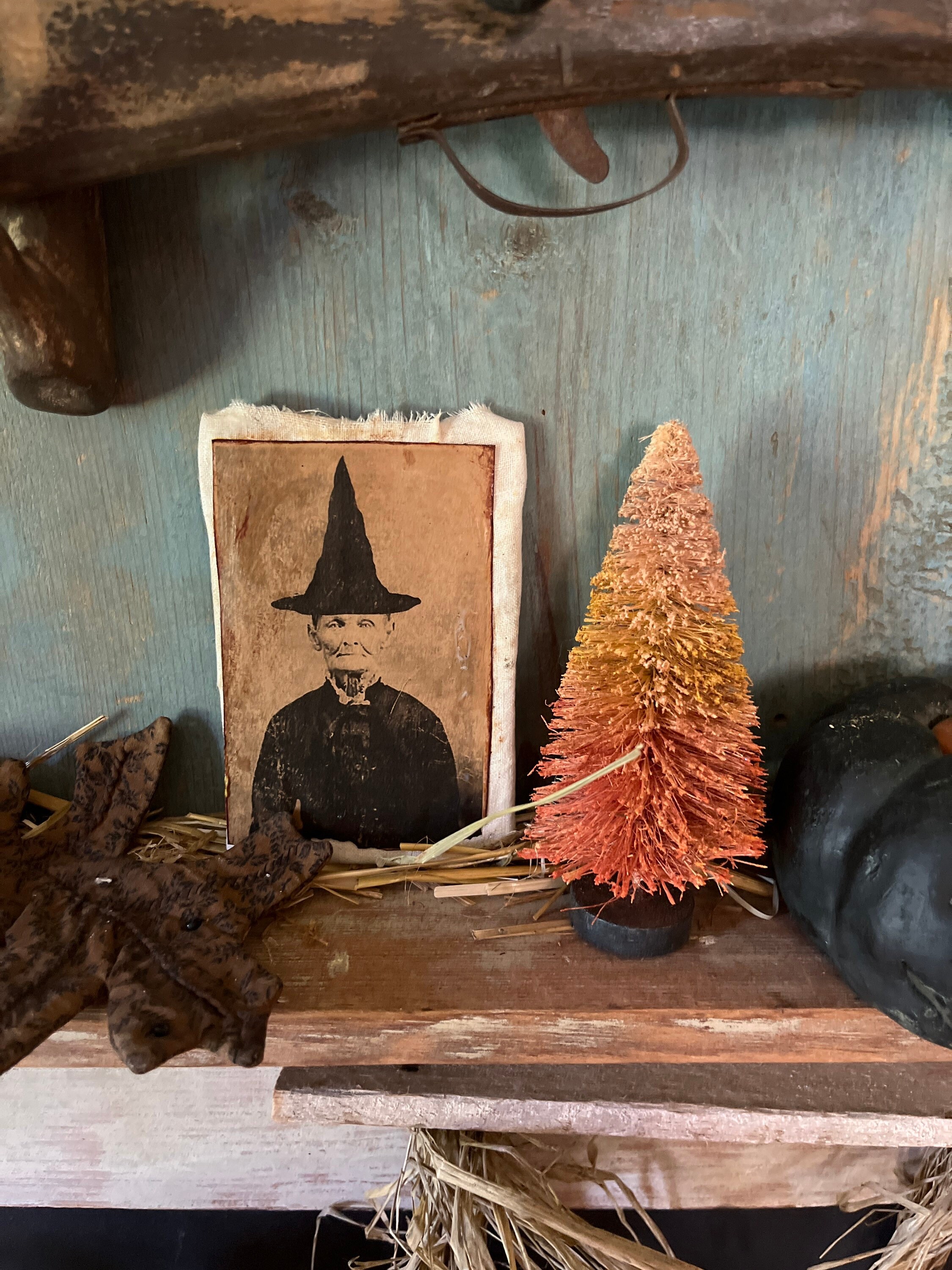 Primitive Halloween Witch Fabric Postcard, Sepia Tone - Etsy