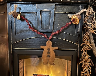 Primitive Dried Cranberry Garland, Cinnamon Stick & Cheesecloth Bells