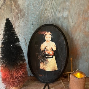 Primitive wood picture~primitive witch picture~cupboard tuck~primitive Halloween picture