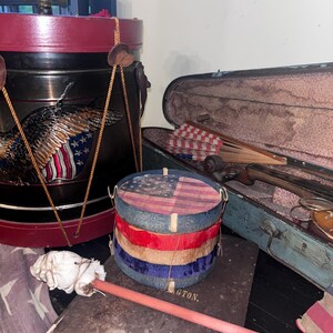 Primitive make do drum ~ old crepe paper trim~Americana Display: 250th Anniversary drum~ cupboard tuck