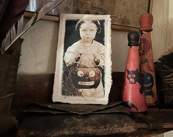 Primitive Halloween Canvas Photo: Grungy Little Girl With Candy Bucket