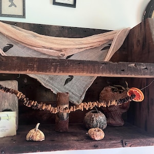 May include: A rustic wooden shelf displays fall-themed decorations. A garland of dried fruit and nuts hangs across the shelf. Other items include small pumpkins, a decorative head, and a vintage greeting card. A draped fabric with bird silhouettes adds to the autumn aesthetic.