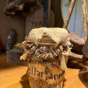 Primitive pantry apples, early look homestead cabinet tuck-grubby spice containers~ early look jar~old jar~primitive cellar apples