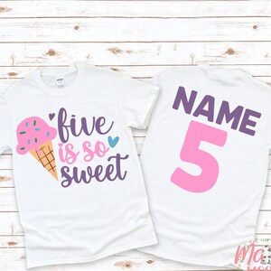Chemise anniversaire crème glacée | Five Is So Sweet Shirt d&#39;anniversaire | Chemise d&#39;anniversaire personnalisée pour fille | Chemise anniversaire crème glacée