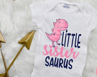 Little Sister Saurus Dinosaur Baby Onesie® | Baby Girl TRex Outfit | Cute Sister Dino Baby Shower Gift