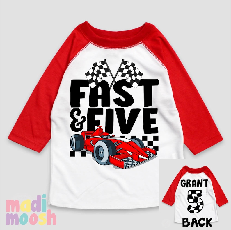 May include: Red and white baseball style t-shirt with a red race car and chequered flags. The text "Fast & Five" is printed on the shirt. The back of the shirt has a black number 5 with a chequered flag design and the word "Grant".