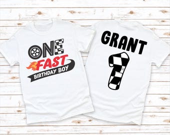 One Fast Birthday Boy Racecar 1st Birthday T-Shirt - Personalized First Racing Birthday Bodysuit
