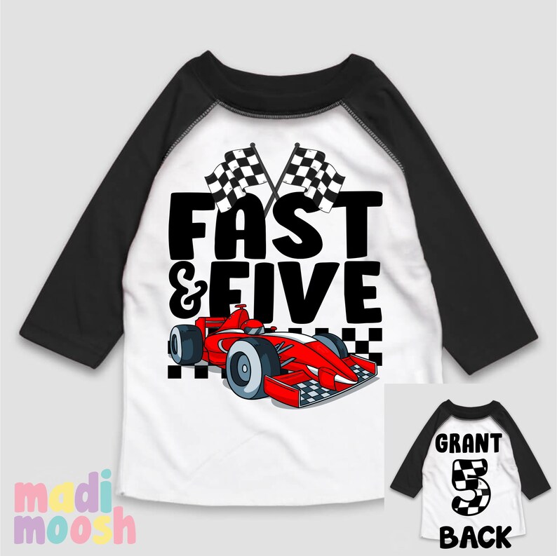 May include: A white and black baseball style t-shirt with a red race car and the text "Fast & Five" in black. The shirt has black sleeves. A second image shows the back of the shirt with the text "Grant 5" in black and white checkered pattern.