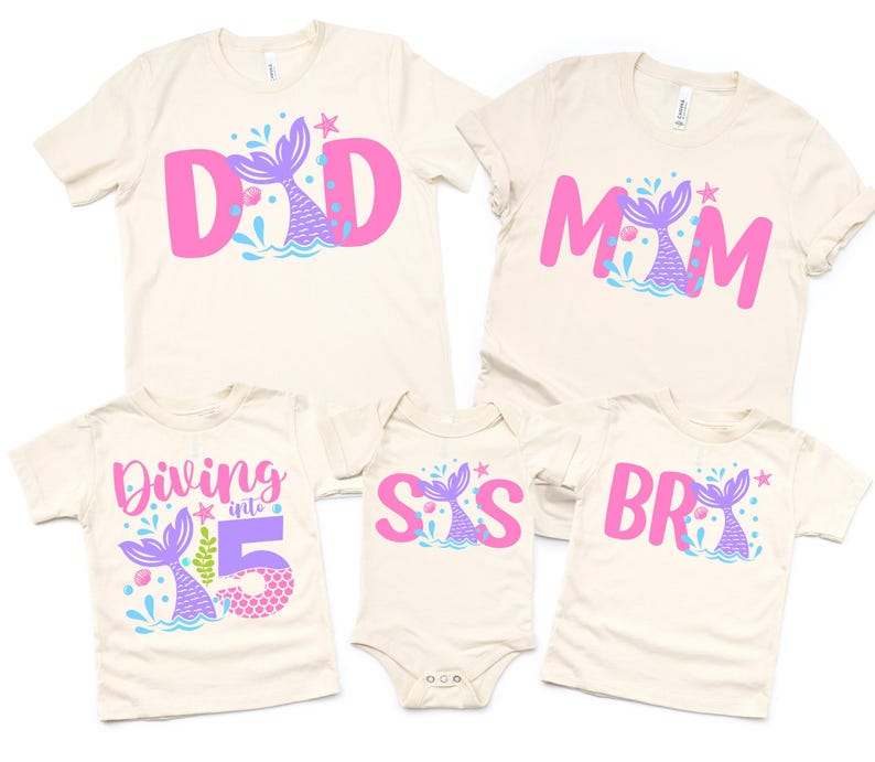 May include: Set of five t-shirts with a mermaid theme. The shirts feature the words "Dad", "Mom", "Sis", "Bro", and "Diving into 5". The shirts are all white with pink and purple lettering and a mermaid tail graphic.