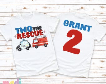 Two The Rescue Fire Truck Police Car 2nd Birthday Shirt - Boys Personalized Second Birthday T-Shirt