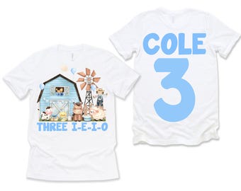 Three E-I-E-I-O Farm Animals 3rd Birthday Shirt - Boys Personalized Farm Bday Tee