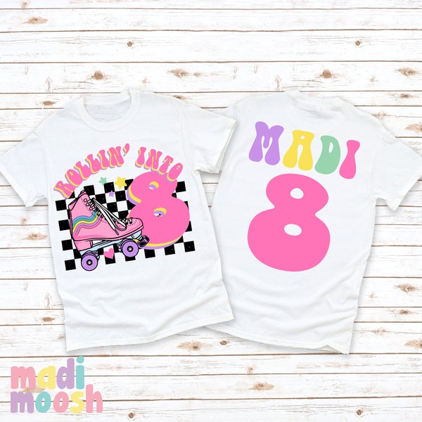 Rollin Into Eight Birthday Tee | Roller Skating Birthday Shirt | Girls Retro Birthday | Skate Birthday Party Tee | 8th Birthday