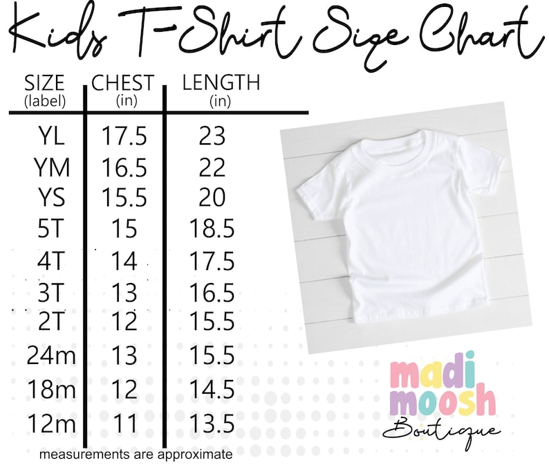 K&ouml;nnte beinhalten: Gr&ouml;&szlig;entabelle f&uuml;r Kinder-T-Shirts mit Ma&szlig;en in Zoll f&uuml;r Brustumfang und L&auml;nge. Die Gr&ouml;&szlig;en umfassen: YL, YM, YS, 5T, 4T, 3T, 2T, 24m, 18m, 12m. Die Tabelle stammt von Madi Moosh Boutique.