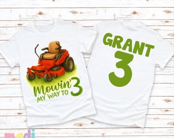 Mowing My Way To 3 Birthday Shirt, Personaized Lawn Mower Tee