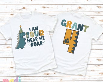 I Am Four Hear Me Roar 4th Birthday Shirt - Boys Dinosaur Fourth Bday Tee