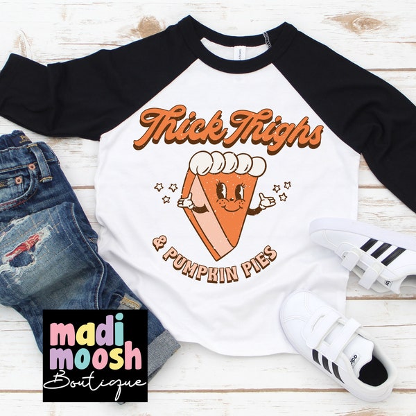 Thick Thighs and Pumpkin Pies Halloween Shirt, Halloween T-Shirt, Halloween Costume, Retro Pumpkin Halloween Shirt, Cute Halloween Onesie®