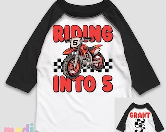 Riding Into Five Motocross Racing 5th Birthday Shirt - Personalized Dirt Bike Birthday 3/4 Sleeve Tee
