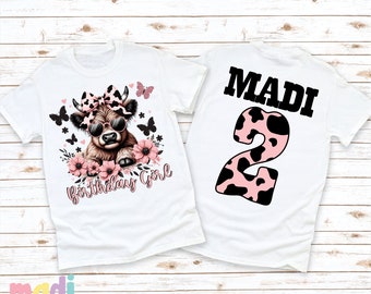 Girls Highland Cow Birthday Shirt, Country Western Personalized Birthday Tee
