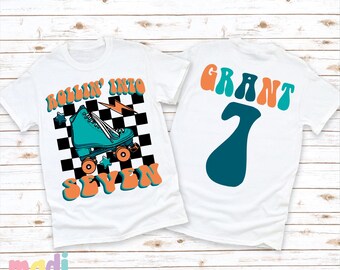 Rollin' Into Seven Roller Skate 7th Birthday Shirt - Personalized Seventh Skating Bday Tee