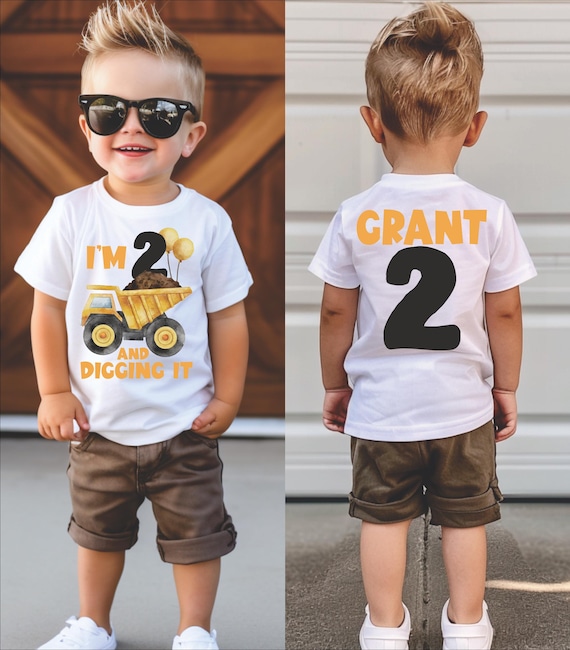 I'm Two And Digging It Dump Truck 2nd Birthday Shirt - Boys Construction Second Bday Tee