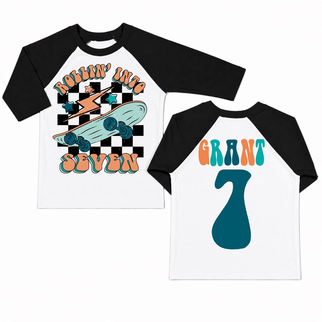 Rollin Into Seven 7th Birthday Shirt – Personalized Name Skateboard Tee ...