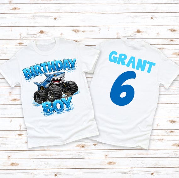 Monster Truck Shark Birthday Boy Shirt - Personalized Any Age Kids Bday Tee - Long Sleeve, Short Sleeve, and 3/4 Sleeve T-Shirts
