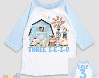Three I-E-I-O Farm Animals 3rd Birthday Shirt - Boys Personalized Farm Bday Raglan Sleeve Tee