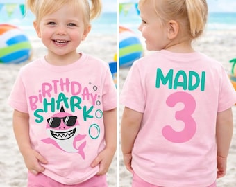 Girls Birthday Shark Theme Party Shirt - Personalized Any Age Great White Bday Tee Available In White, Blue, Pink, & Natural