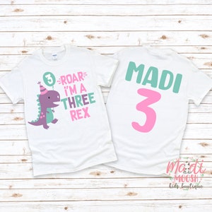 Roar I&#39;m 3 Girls Dinosaur 3rd Birthday Shirt | T-Rex Birthday Shirt | Hear Me Roar Birthday T Shirt | Girls 3rd Birthday Shirt