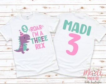 Roar I'm 3 Girls Dinosaur 3rd Birthday Shirt | T-Rex Birthday Shirt | Hear Me Roar Birthday T Shirt | Girls 3rd Birthday Shirt