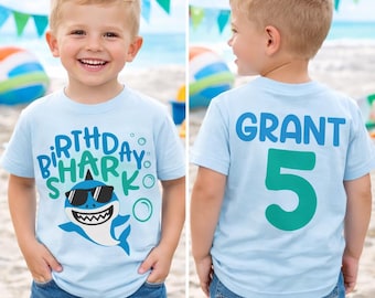 Birthday Boy Shark Theme Party Shirt - Personalized Any Age Great White Bday Tee Available In White, Blue, Pink, & Natural