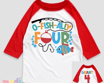 O-Fish-Ally Four 4th Birthday Shirt - Boys Personalized Fishing Red Sleeve Bday Tee