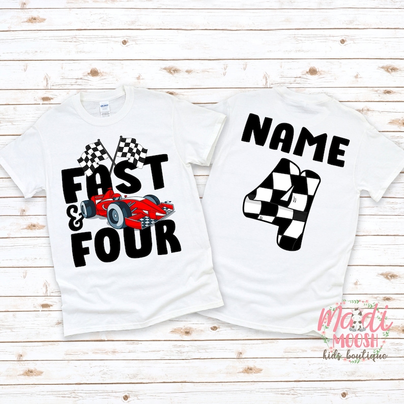 Fast and Four Birthday Shirt Racecar Birthday Shirt 4th Birthday T-Shirt Racecar Birthday party Birthday Boy Shirt image 1