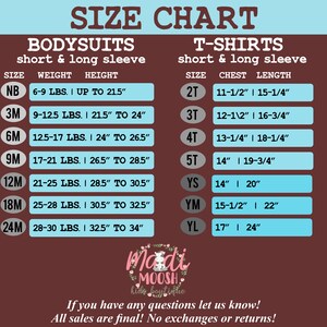 May include: A size chart for baby bodysuits and t-shirts. The chart lists sizes, weight, height, chest, and length measurements in inches and pounds. The chart is on a brown background with a blue and white border. The text "Madi Moosh Kids Boutique" is at the bottom of the chart.
