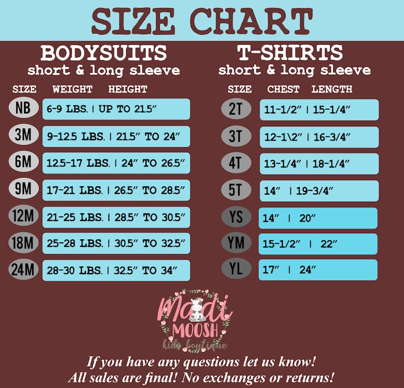 May include: A size chart for baby bodysuits and t-shirts. The chart lists sizes, weight, height, chest, and length measurements in inches and pounds. The chart is on a brown background with a blue and white border. The text "Madi Moosh Kids Boutique" is at the bottom of the chart.