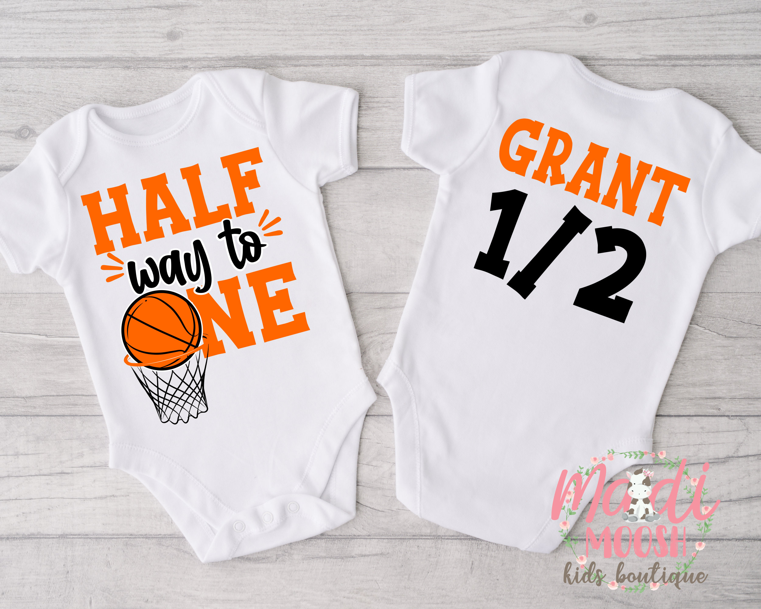 Personalized 6 Month Birthday Outfit - Basketball Theme Half Way To One Bodysuit Set