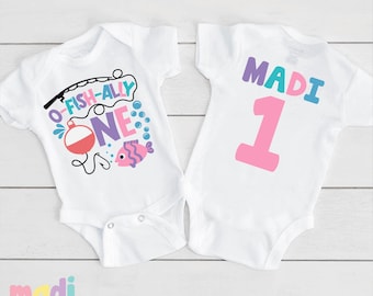 Girls O-Fish-Ally One 1st Birthday Onesie® - Personalized Fishing Bday Bodysuit Tee