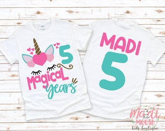 Unicorn Girls Birthday Shirt | 5 Magical Years Birthday Shirt | Girls 5th Birthday Shirt | Magical Birthday Shirt | Girls Birthday Shirt