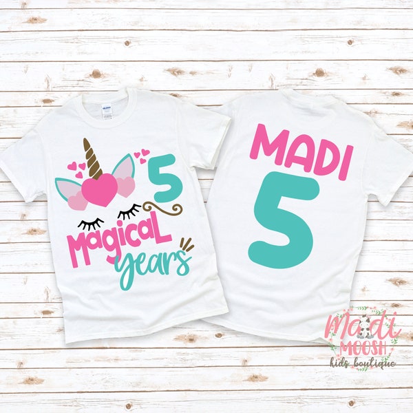 Unicorn Girls Birthday Shirt | 5 Magical Years Birthday Shirt | Girls 5th Birthday Shirt | Magical Birthday Shirt | Girls Birthday Shirt