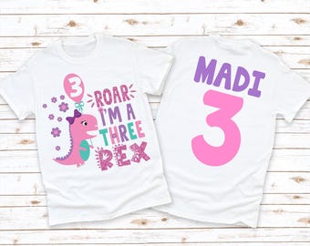 Roar I'm A Three Rex Girls Dinosaur Birthday Shirt - Personalized Kids Bday Tee - Long Sleeve, Short Sleeve, and 3/4 Sleeve T-Shirts